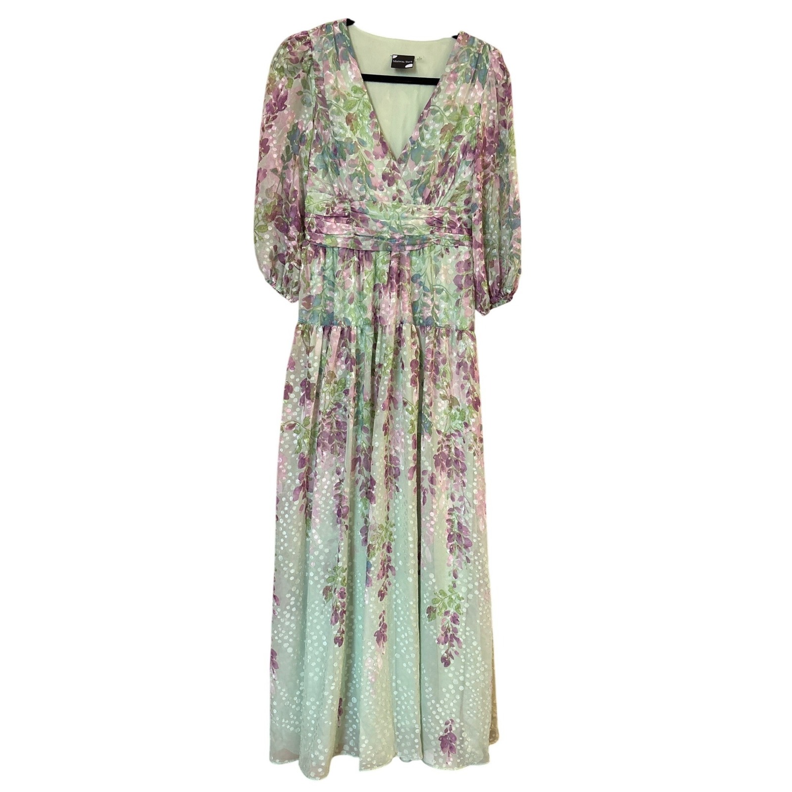 Adrianna Papell Maxi Dress Womens Green Floral Wisteria Boho Smocked Size 4